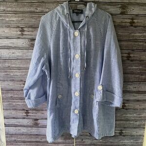 Jones & Co. Women's Hooded Button-Down Jacket Size 2X Blue Striped‎ Linen Blend